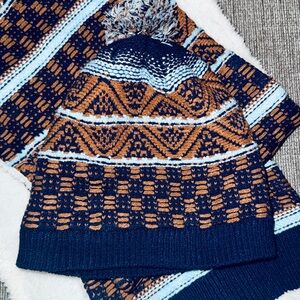 Orvis Navy and Orange Knit Scarf and Hat Set